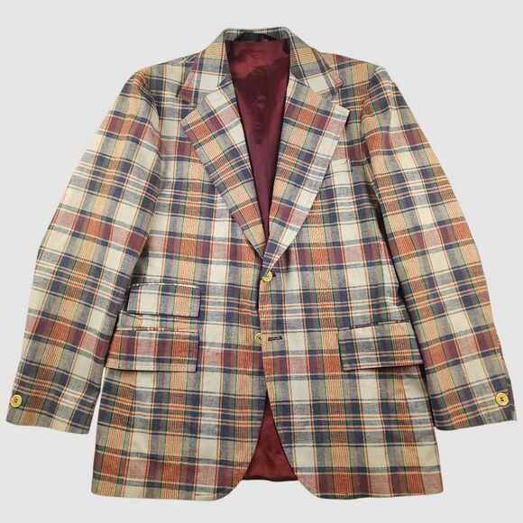 Vtg 70s Indian Madras Plaid Sport Coat Jacket Mens 42L Wide Lapel Ivy Prep Sack - Picture 2 of 10